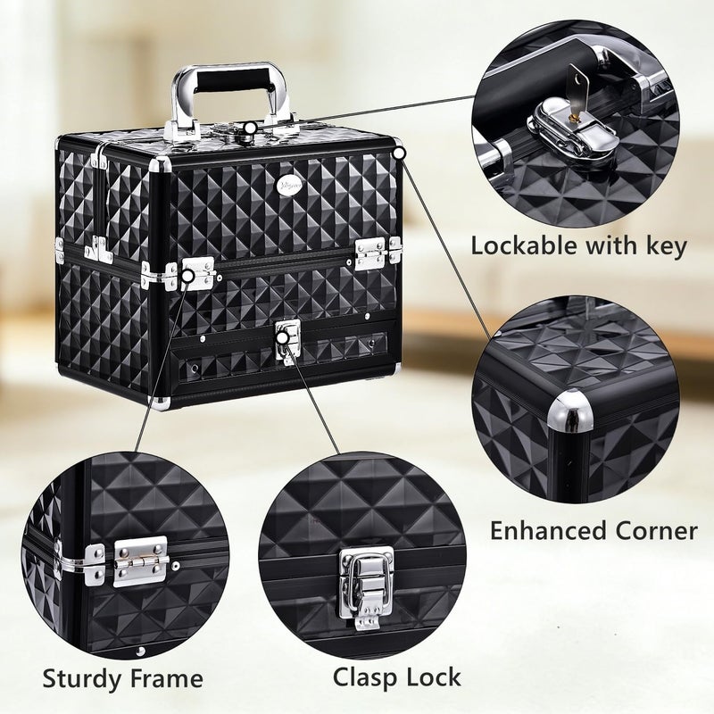 Joligrace Makeup Train Cases Professional Travel Makeup Cosmetic Cases Organizer Portable Box with Drawer Black - Image 4